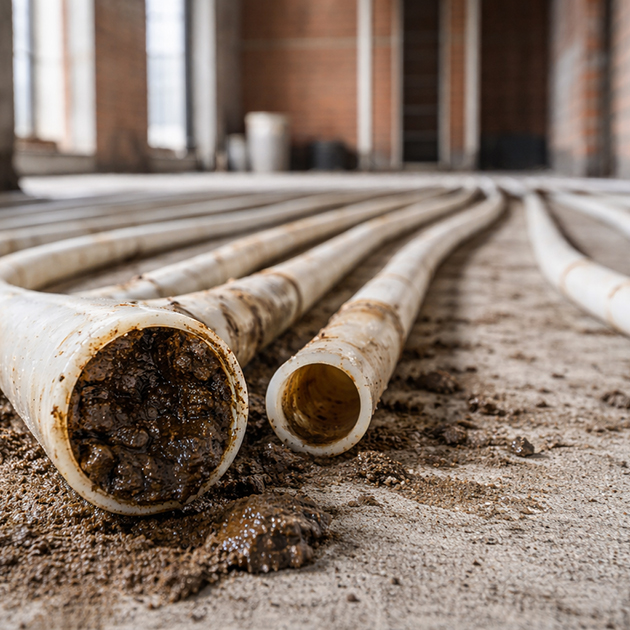 Verschlammtes Fussbodenheizungsrohr mit Ablagerungen und Magnetit im Inneren