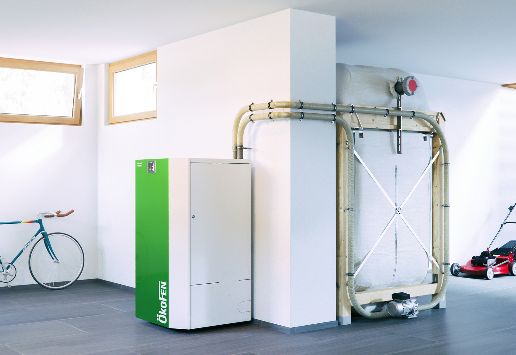 Pelletheizungssystem mit Speicher und Technik zur nachhaltigen Wärmeversorgung von Gebäuden